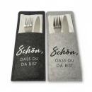 Filzbestecktaschen in Anthrazit und Grau mit Spruch „Schön, dass du da bist“, verschiedene Setgrößen.